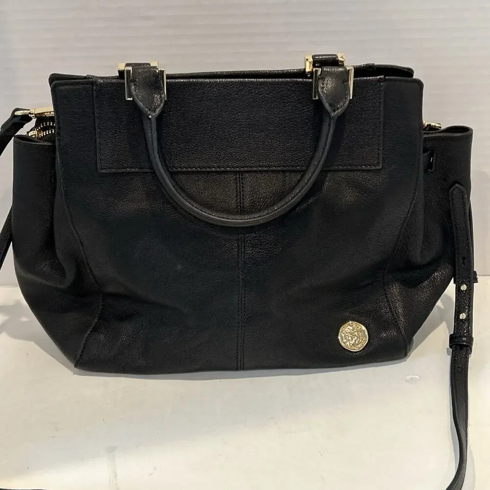 Vince Camuto Black Pebbled Leather Satchel Shoulder Bag with Gold Accents